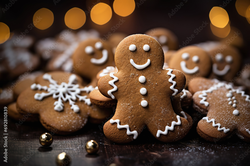 Gingerbread cookies with decorations, Christmas mood, holiday food Gingerbread cookies with decorations, Christmas mood, holiday food