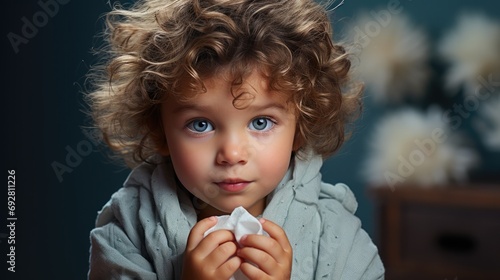 Young Child blowing his nose with tissues at home
