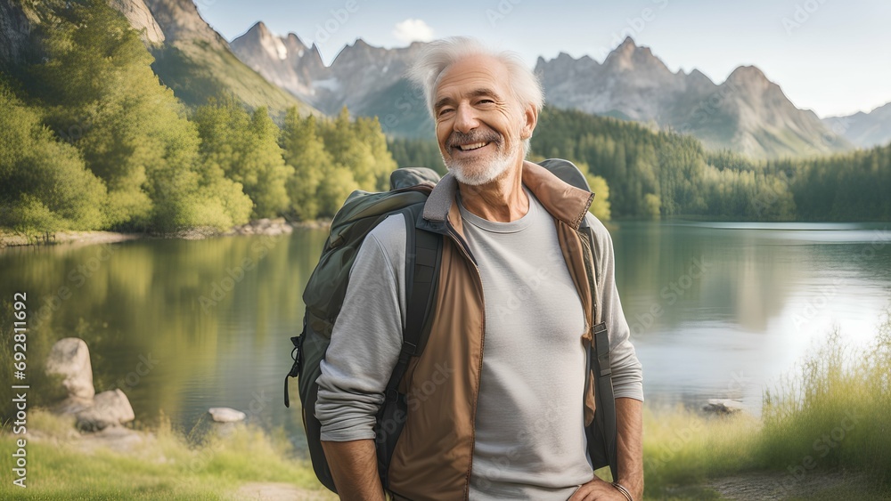 Fototapeta premium person with a backpack on the lake
