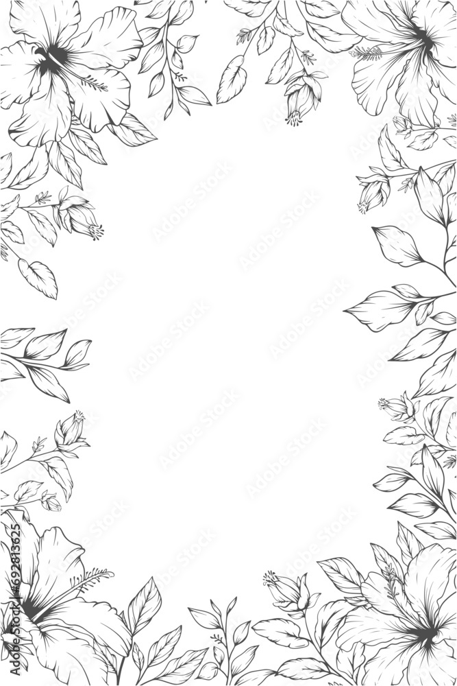 Elegant floral line art frame corner with hibiscus flowers and leaves