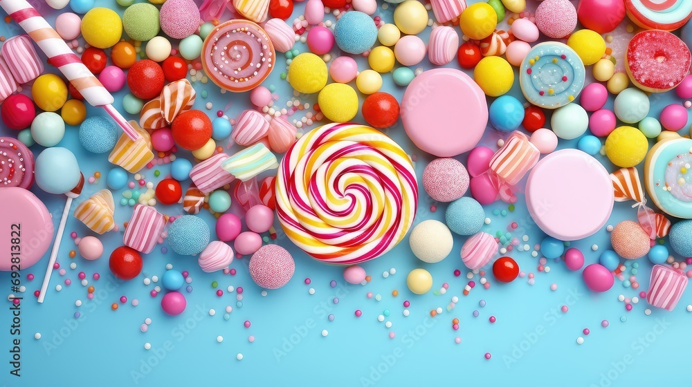 delicious background candy food illustration tasty sugary, colorful dessert, confectionery snack delicious background candy food - obrazy, fototapety, plakaty 