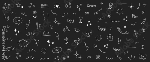 Doodle cute heart, glitter pen line elements on chalkboard. Doodle heart, arrow, star, sparkle decoration symbol set icon. Simple sketch line style emphasis, glitter star. Vector illustration