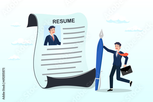 Smart confidence businessman professional finish writing resume, writing best resume or CV or applying new job, professionally describe work experience for advantages, career and recruitment (Vector)