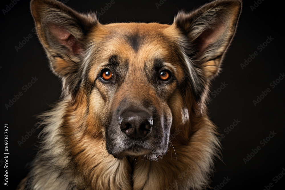 German Shepherd close-up portrait. Adorable canine studio photography.