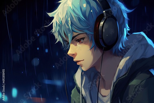 image headphones guy Anime man earphones gamer futuristic stream boy cyber punk music hacker face beauty design blue urban cartoon person beautiful cute portrait people style head loneliness art