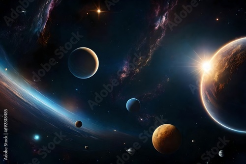 Space scene with planets  stars and galaxies. Panorama. Horizontal view for a glass panels