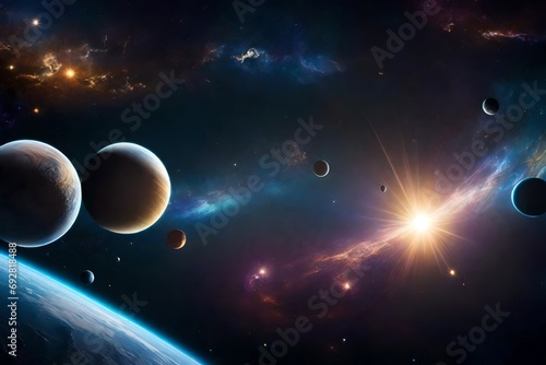 Space scene with planets  stars and galaxies. Panorama. Horizontal view for a glass panels