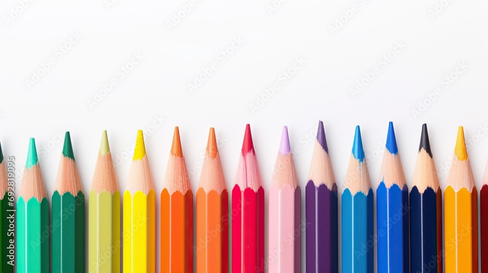 Crayons - colored pencil set loosely arranged on white background. colored pencils are not arranged exactly in a row. Crayons - colored pencil set loosely arranged on white background. colored pencils are not arranged exactly in a row.