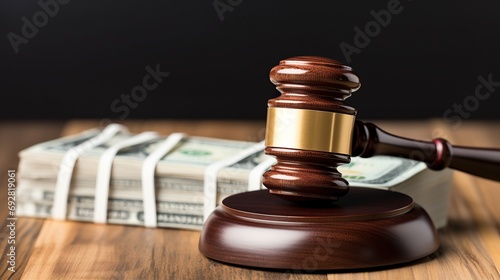 Judge gavel with dollars on brown lacquered wooden desk close up with copy space. Concept for auction bidding photo