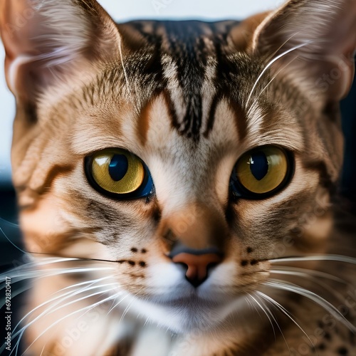 A portrait of a tawny-colored Egyptian Mau cat with its spotted coat3