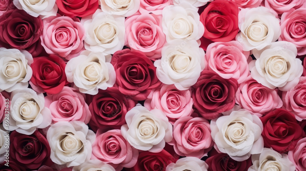 Natural fresh red pink and white roses flowers pattern wallpaper. top view, Red rose flower wall background. Natural fresh red pink and white roses flowers pattern wallpaper. top view, Red rose flower wall background.