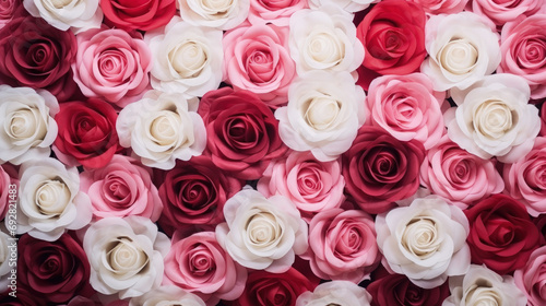 Natural fresh red pink and white roses flowers pattern wallpaper. top view, Red rose flower wall background.