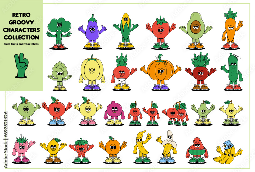 Big set retro groovy cartoon characters vegetables and fruits. Vintage funny mascot stickers with psychedelic smile and emotion. Cute comic vector collection illustration