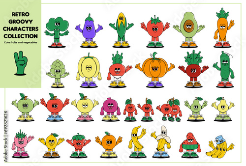 Big set retro groovy cartoon characters vegetables and fruits. Vintage funny mascot stickers with psychedelic smile and emotion. Cute comic vector collection illustration