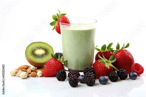 Healthy fitness food - fresh berries  nuts and a protein shake on a white background