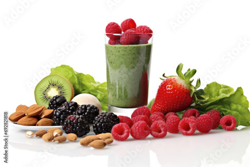 Healthy fitness food - fresh berries  nuts and a protein shake on a white background