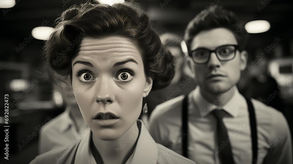 Close-up view of office workers in a retro office - 1980’s feel - vintage style - black and white - monochrome - demanding - shocked - surprised  - small business - quirky and eccentric charm