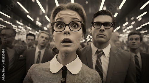 Retro vintage office scene - quirky and eccentric charm - female office worker standing at the front with male executives right behind her - she is concerned and worried - frustrated 