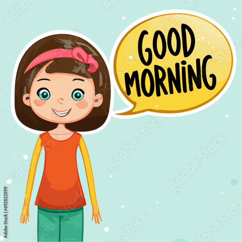 Cute girl with good morning text on blue background. Cartoon vector illustration.