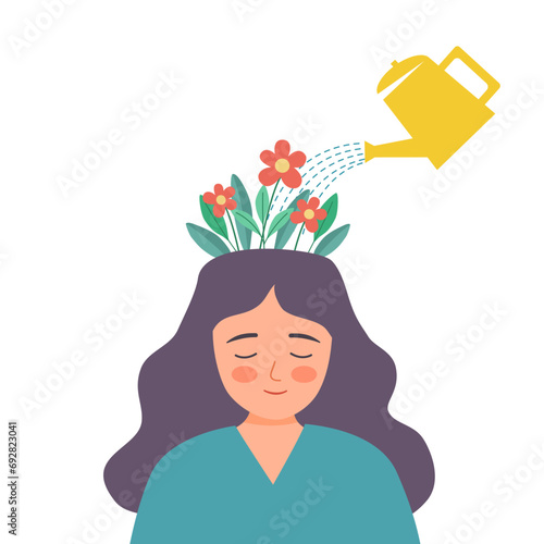 Watering plants and flowers growing in head in flat design on white background. Mental health. Self care.