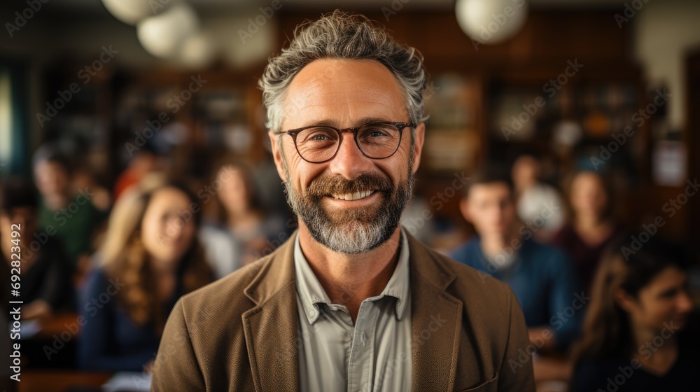 Portrait of professor in university standing indoor Portrait of professor in university standing indoor