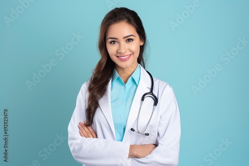 photo smiling doctor with strethoscope isolated  one color background with generative ai