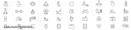 Wellness, Gym, Relaxation, Healthy Lifestyle, Exercise, Yoga, Spa, Diet, Fitness, Diet, Wellbeing, editable line icons set collection.