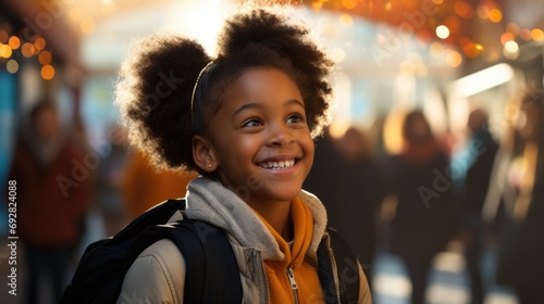 smiling of African american girl , school in the morning background. 