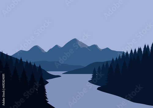 Landscape with mountains and river. Vector illustration in flat style. © Fajarhidayah11