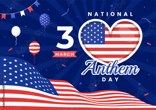 National Anthem Day Vector Illustration on March 3 with United States of America Flag in National Holiday Flat Cartoon Background Design