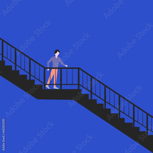 Walk down the stairs. Step down carefully. Abstract concept of recession or decline. Toward a lower position.
