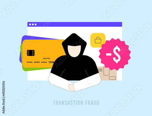 Transaction Fraud Detection. Online e-commerce shopping payment scam, suspicious transaction, warning card payment. Fraudsters use stolen credit card to pay for purchases. Fraud alert notification