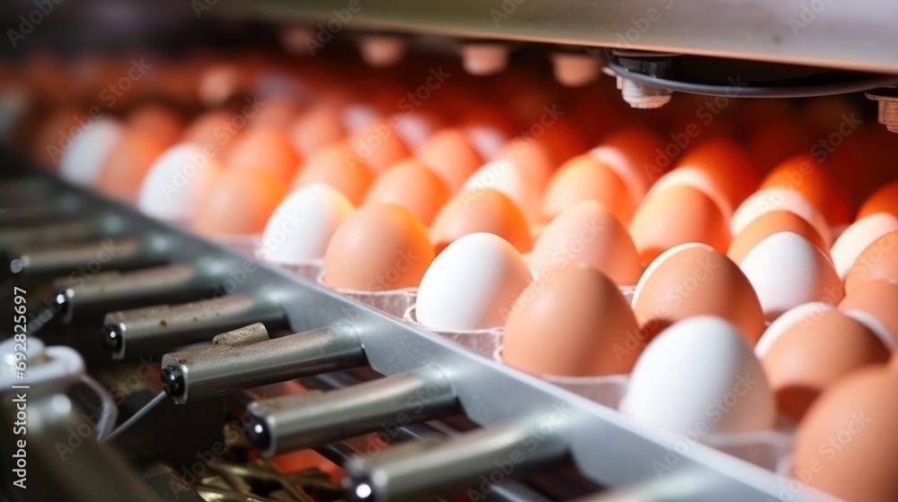 Automated Precision: Close-Up of Sorting Raw and Fresh Chicken Eggs
