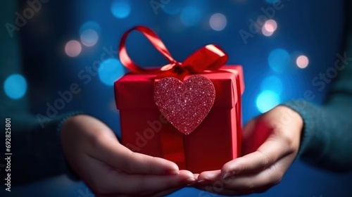 Enchanting Gift of Love: Close-Up of Hand Holding Red Gift with Hearts Flying in Night Sky