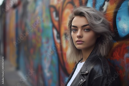  mural art street front posing woman young fashionable beautiful background city lifestyle people urban hipster leather jacket colourful cute fashion female girl graffiti model portrait pretty © sandra