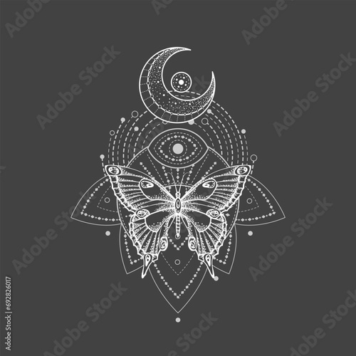 Vector illustration with hand drawn butterfly and Sacred symbol on black background. Abstract mystic sign. White linear shape. 