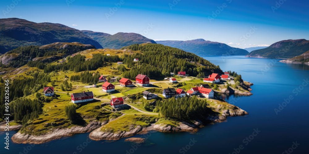 aerial view of Red traditional Norwegian houses in Norwegian nature