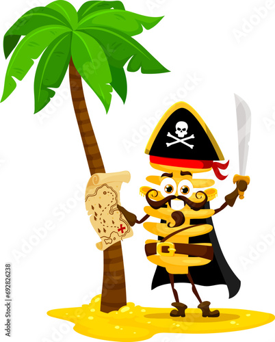 Cartoon funny Radiatori italian pasta pirate and corsair character. Isolated vector adventurous noodle privateer personage with swashbuckling saber and a treasure map ready to conquer Treasure Island