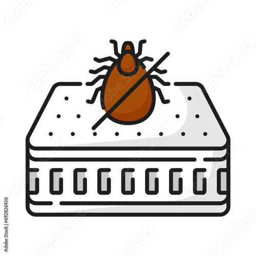 Bed orthopedic memory mattress with crossed sign of mite bug, parasite disinfection sign. Vector allergy on pest, protection from mites