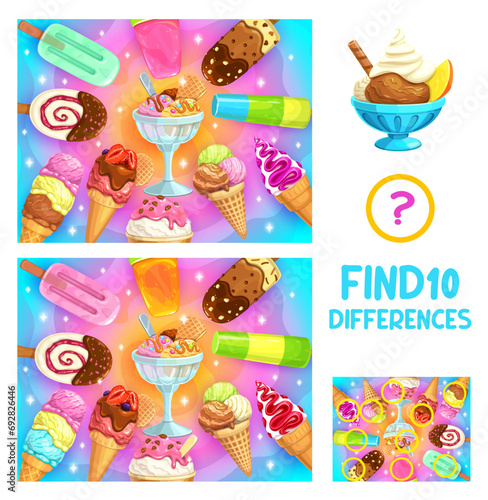 Find ten differences in cartoon ice cream gelato, sundae, chocolate and vanilla cone, vector puzzle worksheet. Frozen sweet desserts or ice cream scoop in cones, kids quiz game to find ten differences