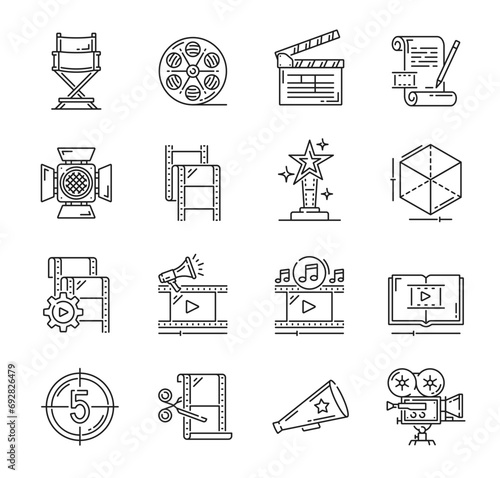 Movie video production icons, cinema film media and TV studio vector line pictogram. Cinema camera with clapperboard and filmstrip, director chair and cinematograph video industry thin line icons