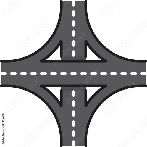 Color highway road line icon, traffic interchange or crossroad and motorway intersection, vector roadsign. Traffic route or highway transport interchange, freeway road lane symbol of street navigation