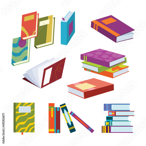 Set of Stacks of books school library for reading Collection, pile of textbooks for education. Set of literature, dictionaries, encyclopedias, planners with bookmarks. Open and close page, vector.