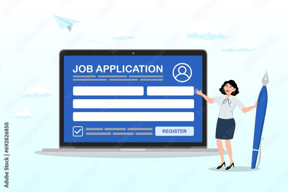Businesswoman with pencil complete online registration form, register new user account, registration form or submission, sign up information online, apply new job or membership, self service (Vector)