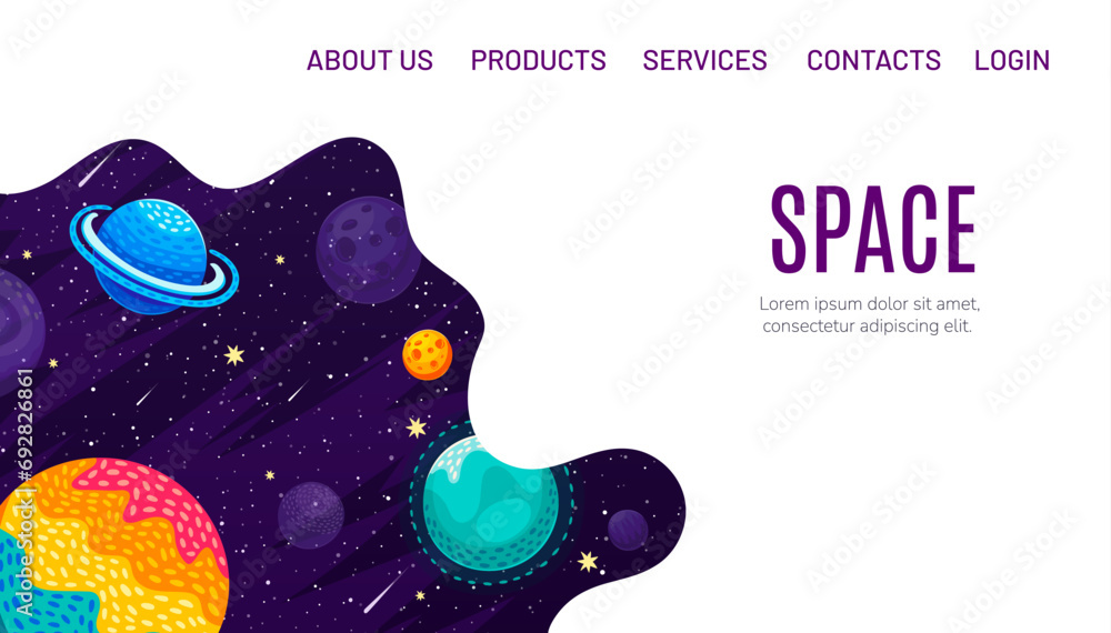 Galaxy space landing page with cartoon space landscape, planets and stars, vector website background. Galaxy planets and stars in starry universe sky with galactic asteroids for landing page template