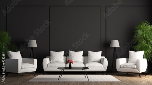 Modern interior design sofa in living room with mock up poster frame in wall at home  Neutral living room  empty nobody  3D render.photo