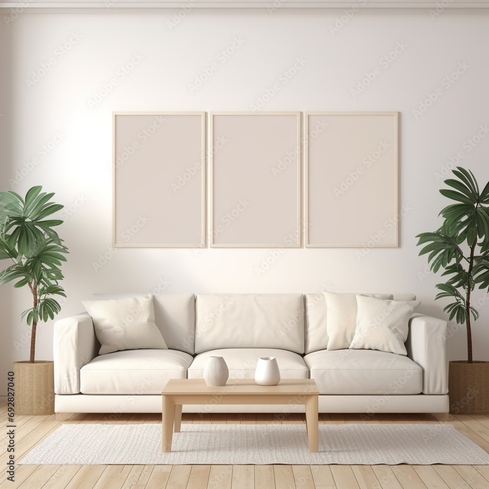 Modern interior design sofa in living room with mock up poster frame in wall at home, Neutral living room, empty nobody, 3D render.photo Modern interior design sofa in living room with mock up poster frame in wall at home, Neutral living room, empty nobody, 3D render.photo