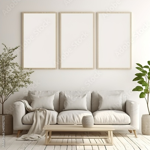 Modern interior design sofa in living room with mock up poster frame in wall at home, Neutral living room, empty nobody, 3D render.photo