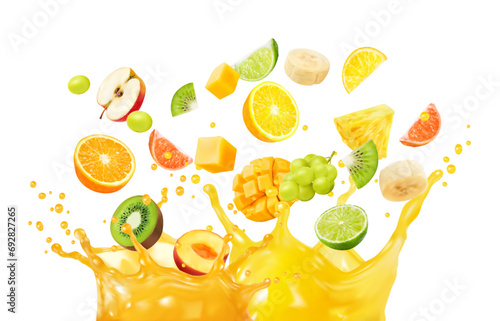 Multifruit juice or fruit mix splash in corona wave of tropical drink, realistic vector. Orange, mango, apple and kiwi with pineapple and lime or grape and banana in juicy fruit yellow splash drops photo