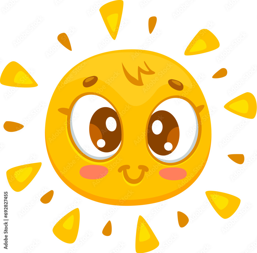 Cartoon smiling sun character with kawaii face, sunny emoji or emoticon vector icon. Happy cute sun with cheerful eyes and yellow sunny rays for baby or kids comic emoji or emotion sticker Cartoon smiling sun character with kawaii face, sunny emoji or emoticon vector icon. Happy cute sun with cheerful eyes and yellow sunny rays for baby or kids comic emoji or emotion sticker